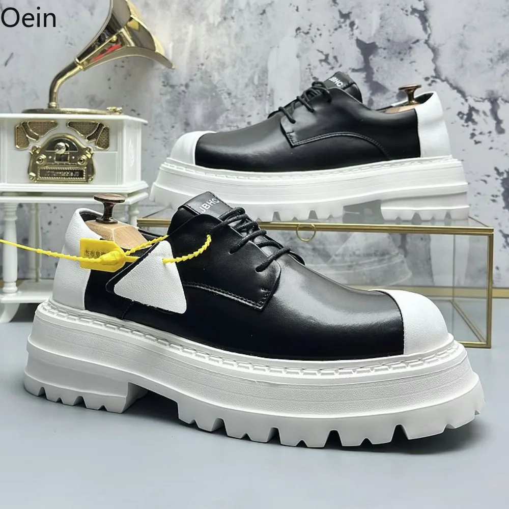Mens Round Toe Genuine Leather Wingtips Platform Lace Up Chunky Heel Derby Shoes British Styles
