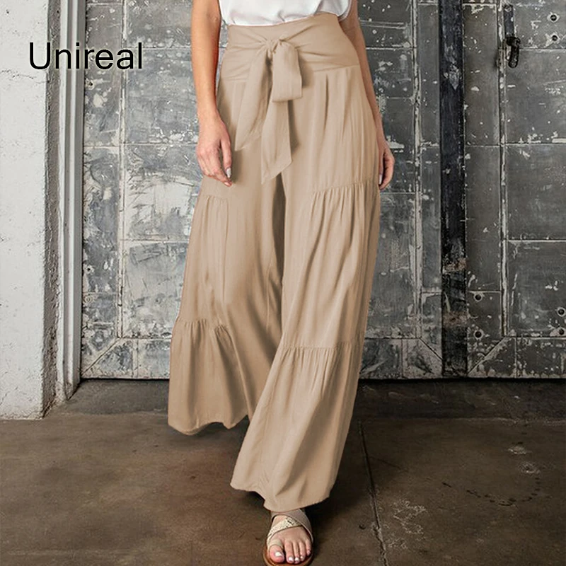

Unireal 2022 Summer Autumn Women Wide Leg Pant Culottes High Waist Solid Bow Drawstring Steetwear Palazzo Pant Trousers