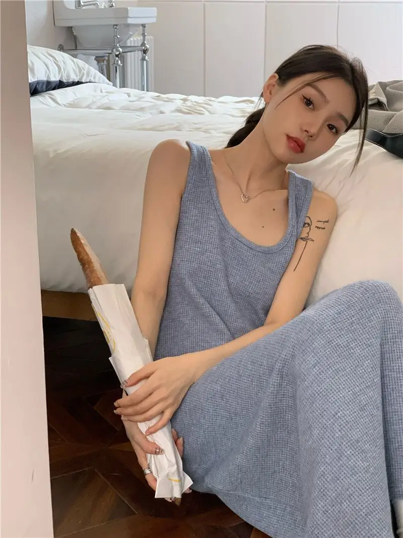

Autumn Waffle Sleeveless Tank Top Dress Women's 2023 Autumn New Loose Strap Skirt Straight Tube Long Skirt