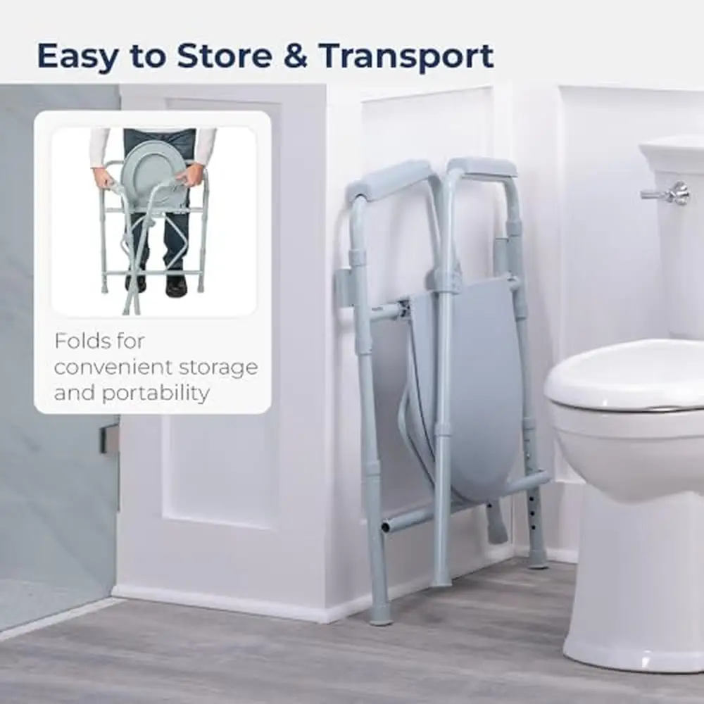 Portable Folding Bedside Commode Chair 350lb Capacity 3-in-1 Toilet Safety Frame Bucket Included Easy Assemble Steel Grey 5