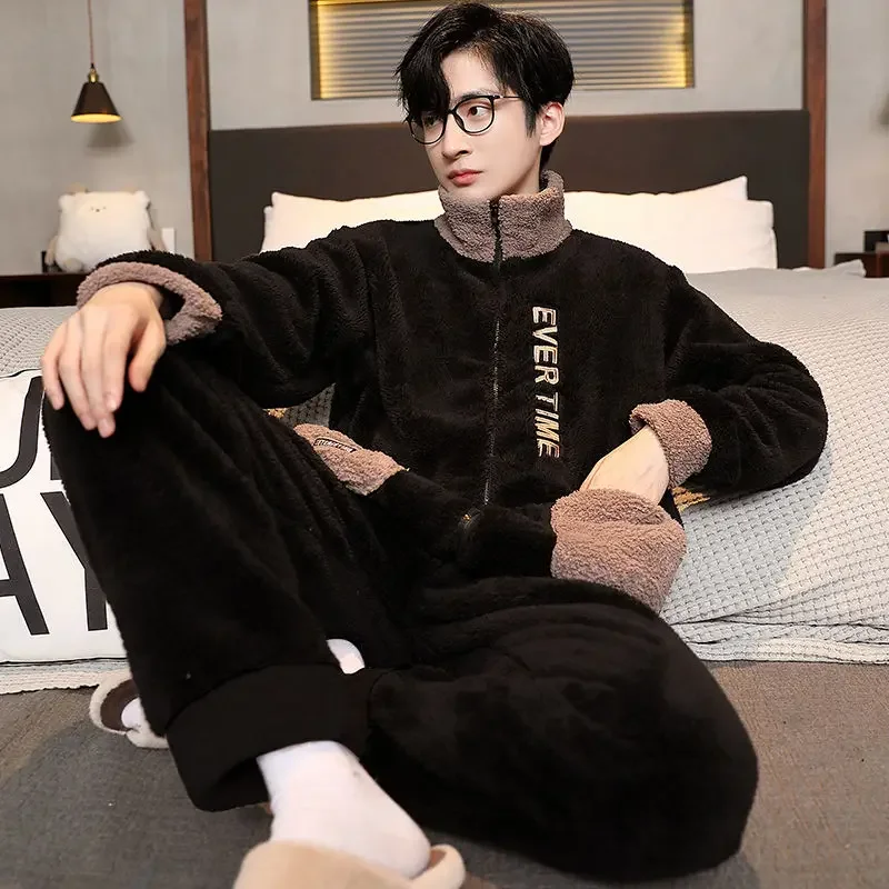 2024 New Coral Velvet Pajamas Men Autumn Winter Thickened Plush Flannel Sleepwear Teenagers Large Sizes V-neck Warm Homewear