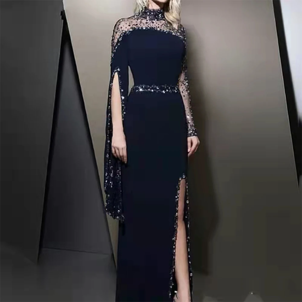 

Fashion Beaded High Neck Prom Dresses 2023 Illusion Neck Women Party Formal Slit Evening Gowns Customize robe de soirée