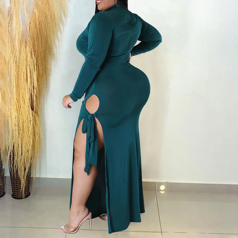 Autumn Solid Color O-Neck Hollow Out Lacing Long Sleeve Bag Hip Evening Party Sexy Split Fork Bare Leg Slim Plus Size Long Dress