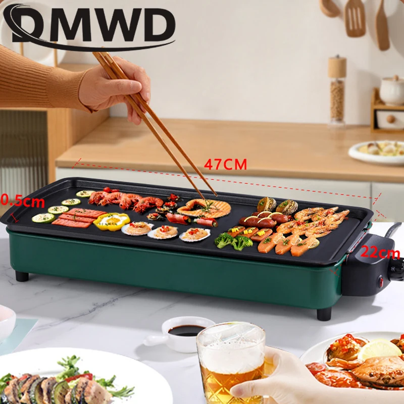 DMWD 1200W Home Electric Grill Indoor Smokeless Food Barbecue Grill Barbecue Baking Flat Pan Non-Stick BBQ Roasting Omelette Pan 4