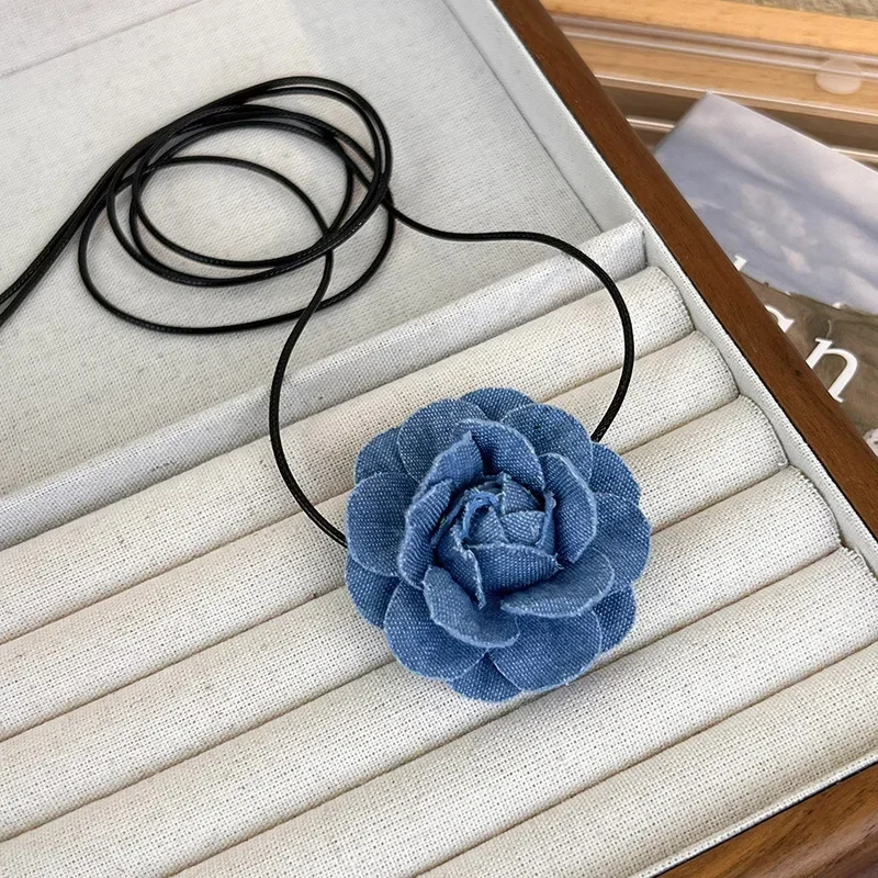 Elegant Floral Choker Necklace with Adjustable Wax Rope - Y2K Denim Design