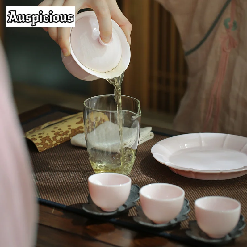 150ml Boutique Pink Ceramic Sancai GaiWan Tea Cup Handmade Single Colored Glaze Petal Tea Bowl Household Kungfu Teaset Drinkware
