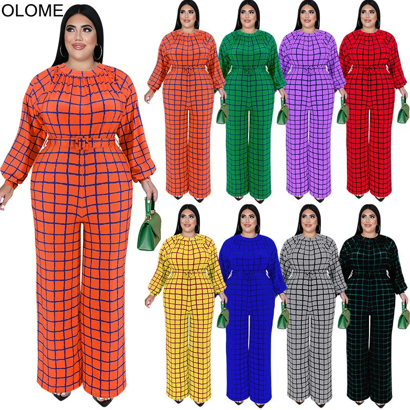 

S--5XL Plaid Printing Long-sleeved Jumpsuit Women Autumn New Arrivals Cew Neck Belt Wide Leg Casual Pants Rompers 2022