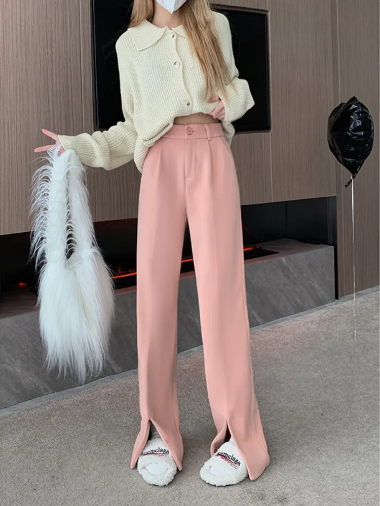 Pink High Waist Sagging Wide Leg Pants Women's Summer 2023 Thin Suit Pants Versatile Straight Leg Pants Casual Pants