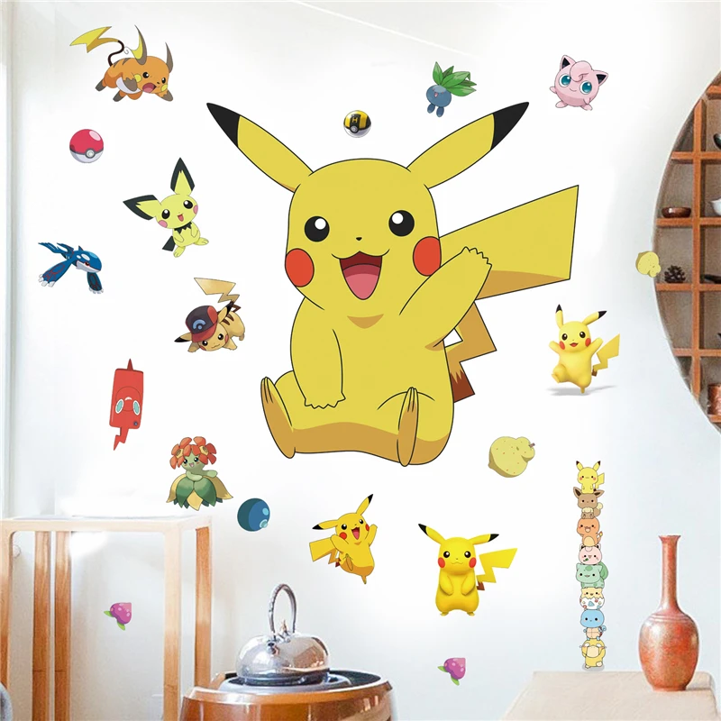 Pikachu z kreskówki naklejki ścienne do pokoju dziecięcego przedszkole salon dekoracja DIY na ścianę do dekoracji sypialni animowany plakat dekoracja sypialni