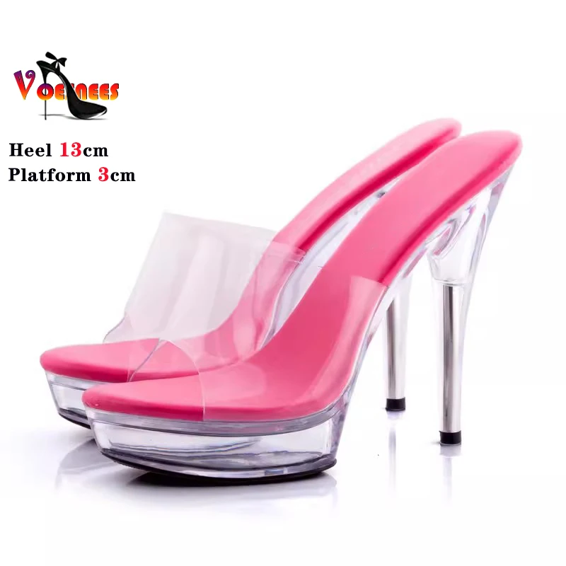 Summer Women Slipper Sandals 12cm 13CM Open Toe Crystal Thin Heel Transparent Platform Women's Shoes Sexy Model Training Heels