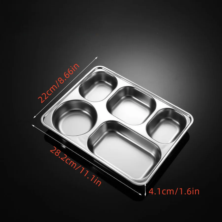 SUS304Stainless steel deepened and thickened dining plate, five grid fast food plate, partitioned meal box, cafeteria restaurant