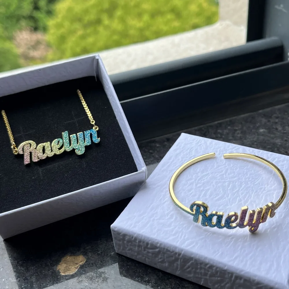 Duoying Custom Name Necklace Colorful Dainty Glitz Glam Nameplate Bangles Cuff Stainless Steel Gold Jewelry Set For Kids Sb9B47906669140D4B0Eee8334Bd57Da4C