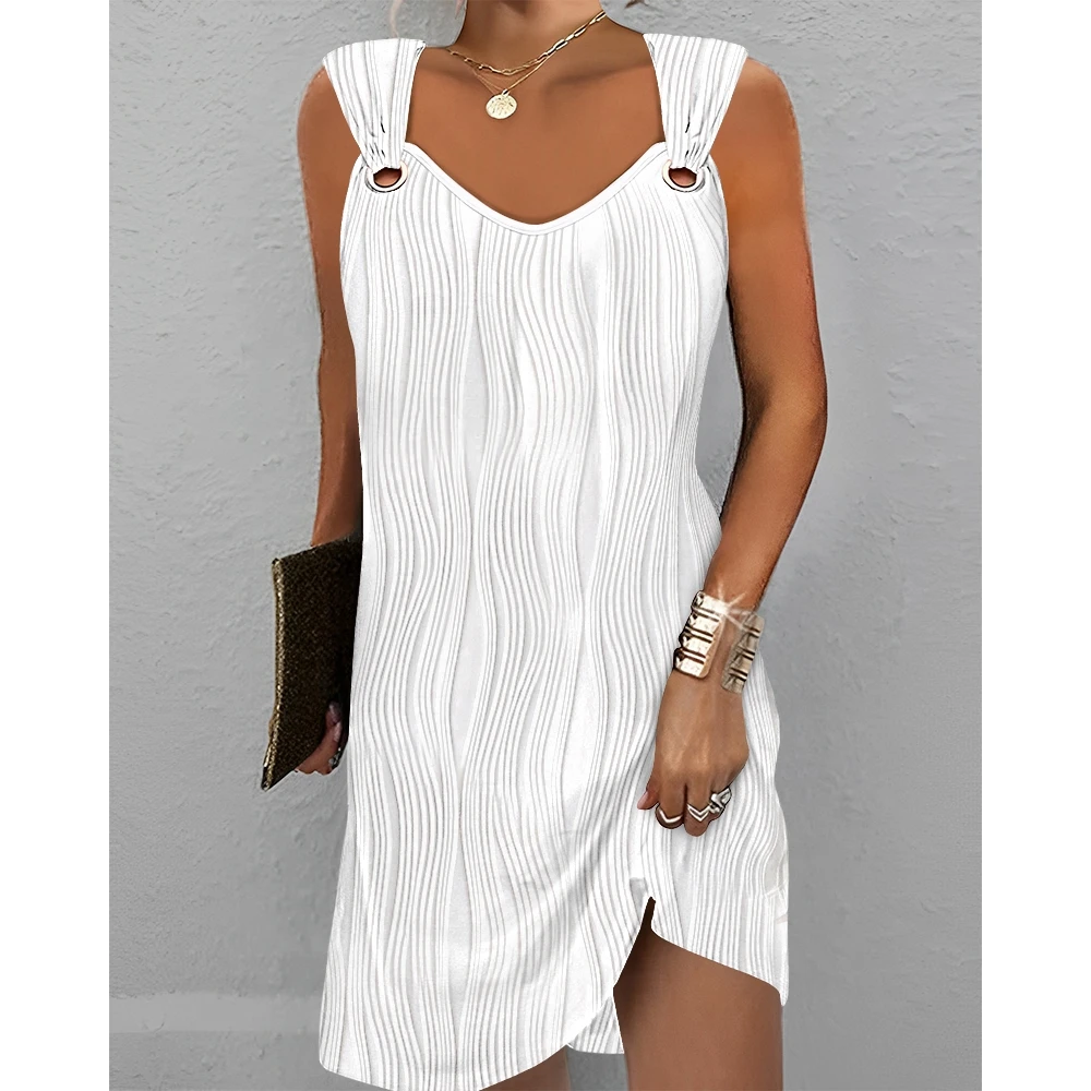 

Summer Women Eyelet Textured Mini Sleeveless Casual Dress Female V-neck Sexy Birthday Pink Dress Fashion Streetwear Vacation