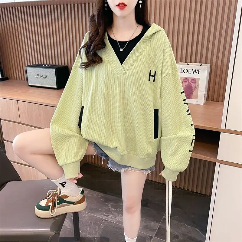 Fashion Printed Spliced Hooded Sweatshirts Female Clothing 2023 Autumn Winter Loose Casual Tops Fake Two Pieces Sweatshirts