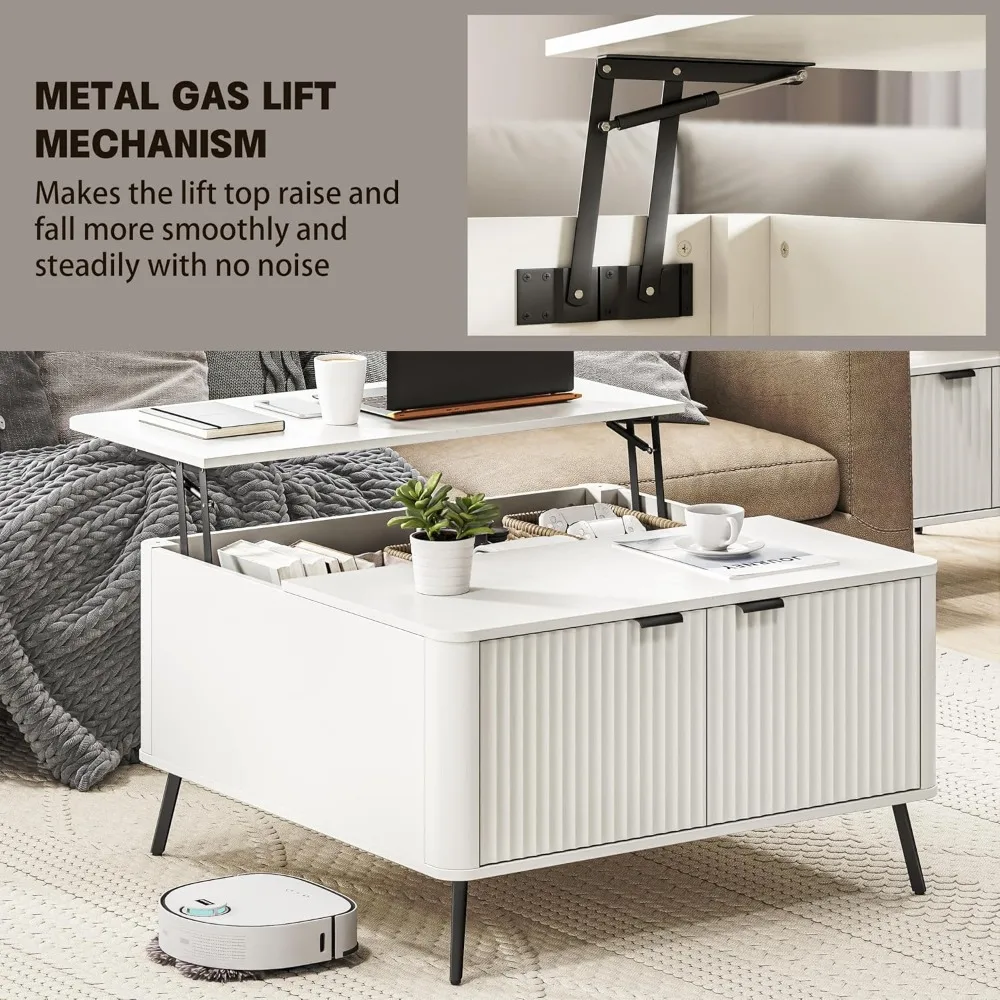 Coffee Table, Lift Top Coffee Table for Living Room, 35.4" Square Coffee Table with Storage, Modern Fluted Center Table with Hid 4