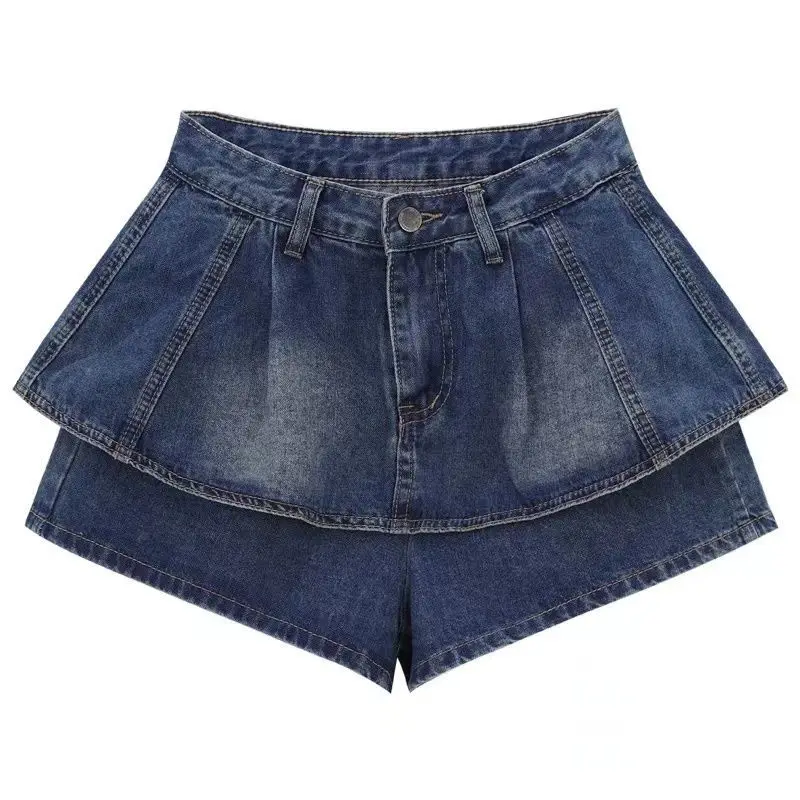 Fashion Zipper Button Spliced Ruffle Denim Shorts Female Clothing 2024 Summer New Loose All-match High Waist Casual Shorts