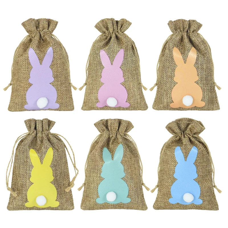 

6pcs Easter Bunny Burlap Gift Bags With Drawstring Rabbit Jute Pouches Wedding Birthday Party Favors Decoration Packaging Pocket