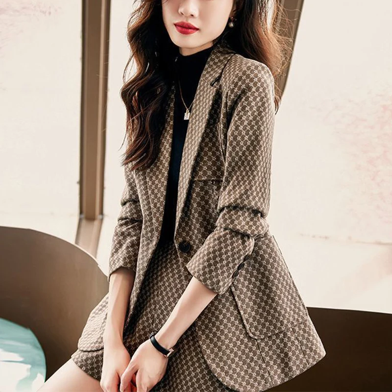 Autumn Winter Women's Elegant Fashion Printed Slim Blazers High Waist Shorts Set Ladies Long Sleeve Casual Coat Short Pants Suit