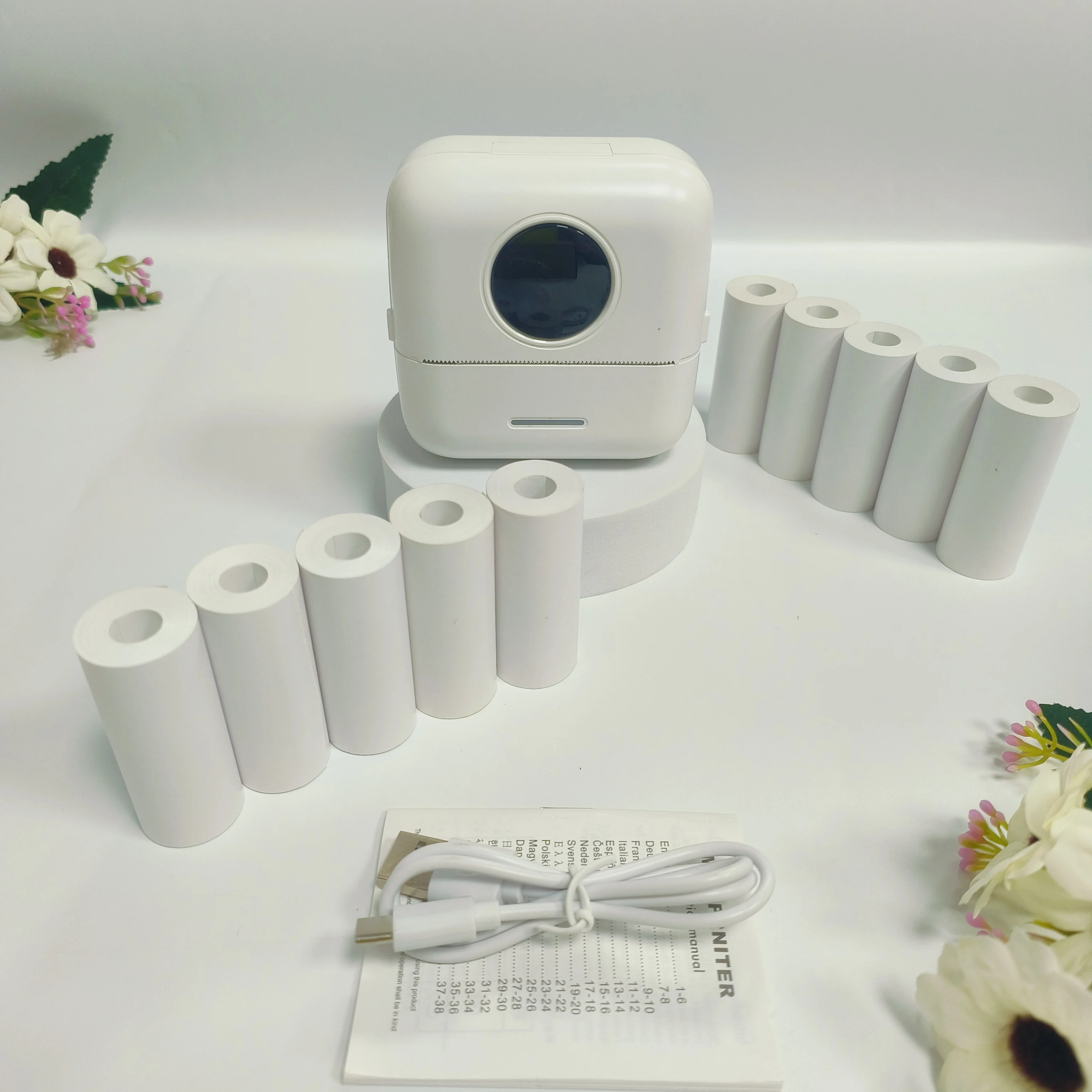 휴대용 미니 열전사 블루투스 프린터 (10개 용지 롤 포함), 내장형 충전식 배터..