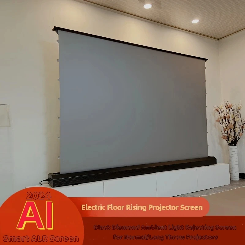 

100 110 120 130 150 Inch 4K Electric Motorized Floor Rising Projection Screen Black Crystal ALR Screen For Long Throw Projectors