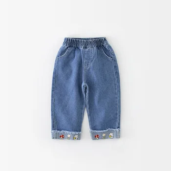 AYNIGIELL-بنطلون مطرز بالفطر للأطفال ، جينز مستقيم مغسول الساق ، بنطلون خريفي ، جديد ، عمر 1-5 سنوات 4