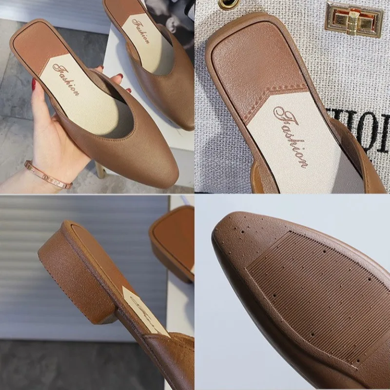 Elegant Women's Outdoor Flat Low-heeled Slip-on Lazy Sandals Semi-slip-on Pointed-toe Shoes Elegant Women Mules Concise Slippers