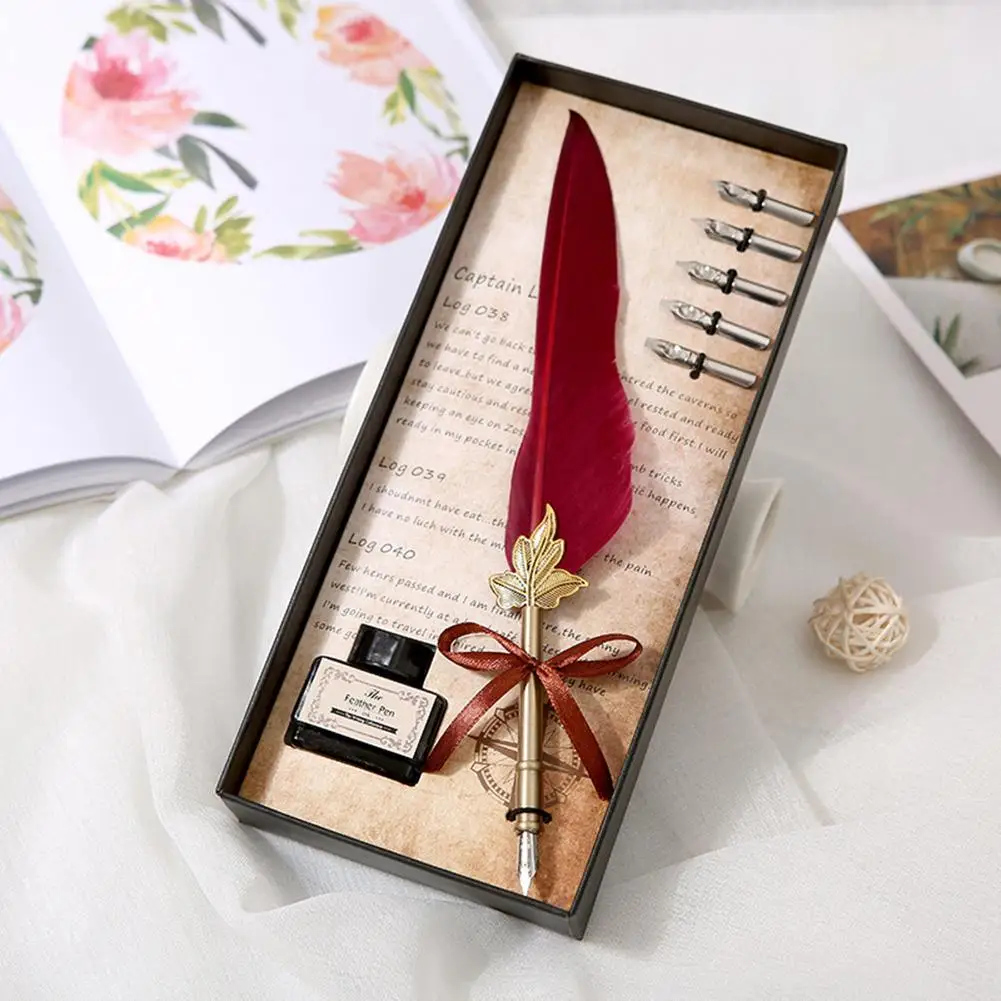 Vintage Feather Fountain Pens Copper Penholder with 5 Nibs Antique Calligraphy Pen Replaceable Soft for Christmas Birthday Gift