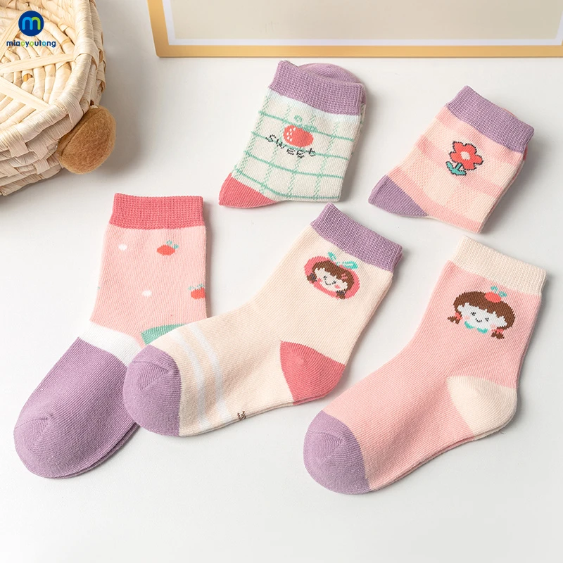 5 Pairs/Lot Strip Cotton Knit Warm Children's Socks For Girls New Year Socks Kids Women's Short Baby Newborn Miaoyoutong