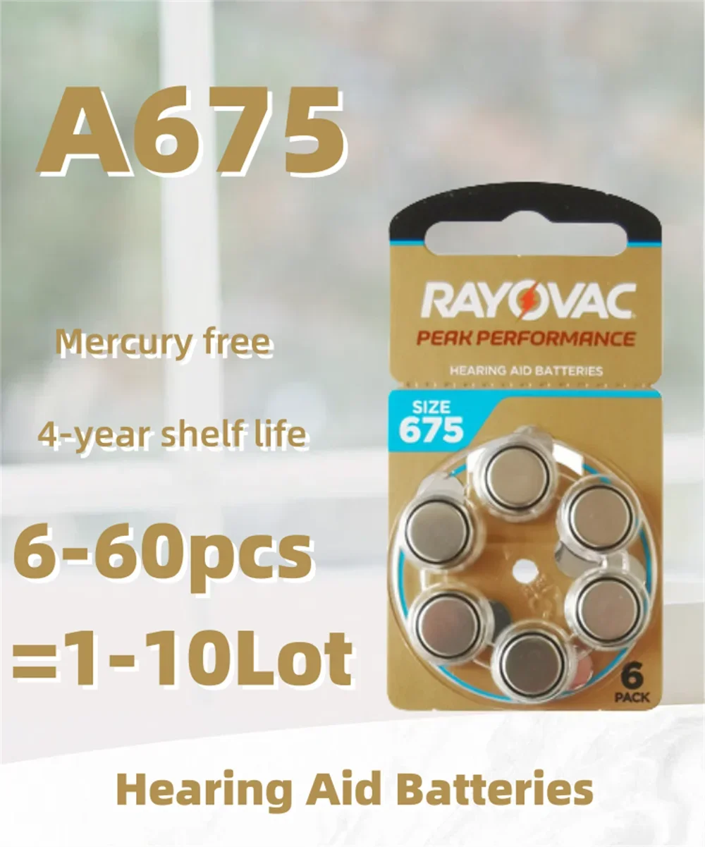

6-60PCS / 1-10 Cards Rayovac PERK 675/A675 Zinc Air Hearing Aid Batteries 1.45V 675A A675 675 PR44 Battery Wholesale Price