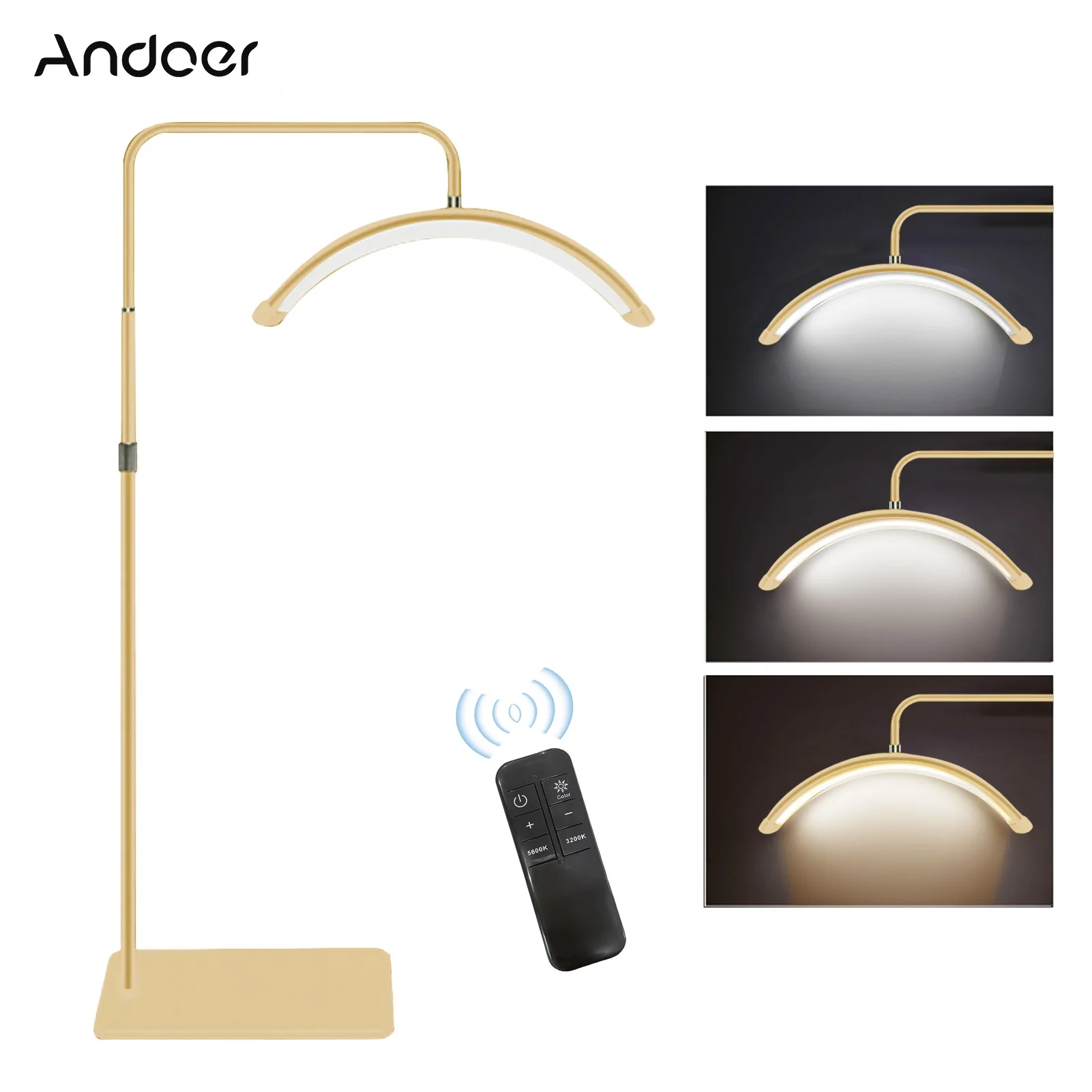 Andoer HD-M6X 바닥 LED 비디오 조명, 반달 모양 필 라이트, 3200K-5600K, 조도 조절, 180cm 라이트 스탠드, 전화 거치대, 36W