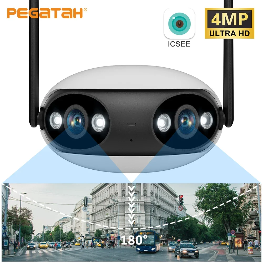 PEGATAH 4K 180° Ultra Wide View Angle Panoramic Camera WIFI IP Icsee App Cam System POE Home Outdoor Dual Lens Automatic Alarm