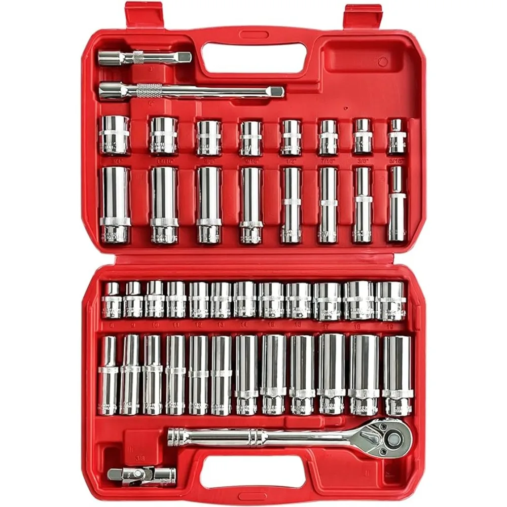 

44pcs 3/8"Drive Impact Socket Set,Drive Master Socket Set,SAE/Metric, Deep & Shallow with 3/8"Drive Head Ratchet,Universal Joint