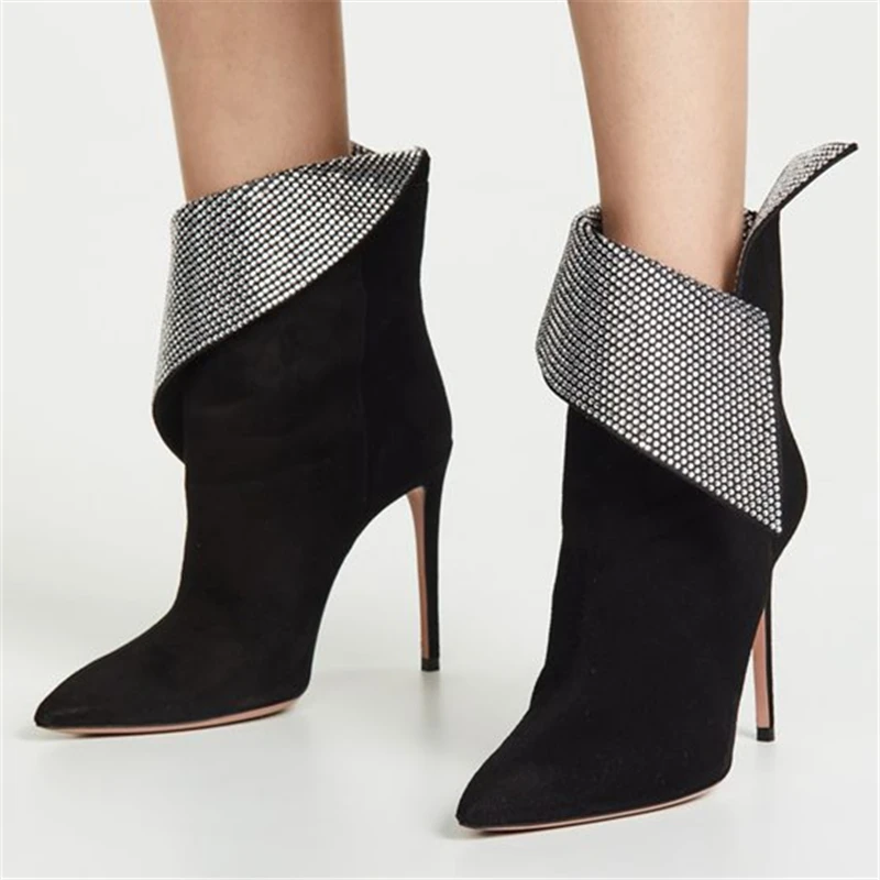 

2023 New Bling Crystal Women Ankle Boots Autumn Dress Pumps Pointed Toe Chelsea Botas Thin High Heel Stiletto Suede Black Shoes