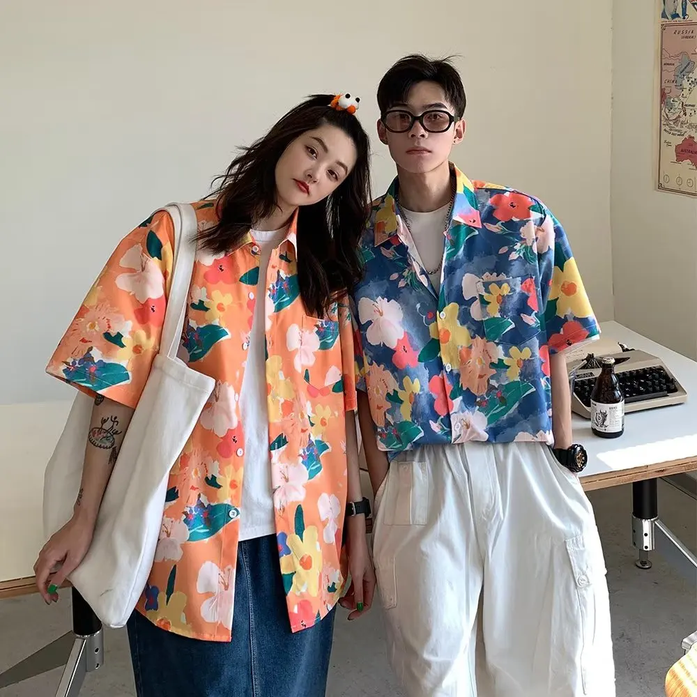 New Couple Japanese Shirt Harajuku Oversized Short Sleeve Shirt for Men Women  Hawaiian Print Flower Shirt Geometric Streetwear - AliExpress