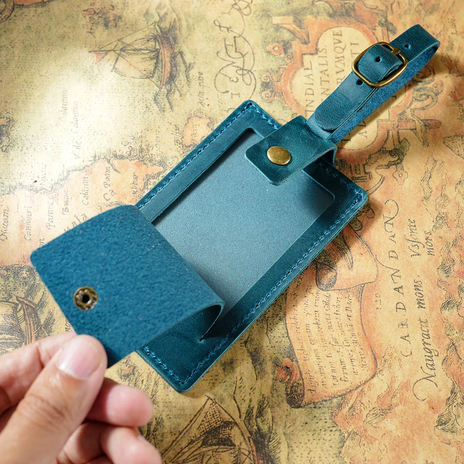 Vintage-Style Top-Grain Leather Luggage Tag with Snap Closure-Creative Airplane Travel Suitcase ID Tag for Check-In/Boarding