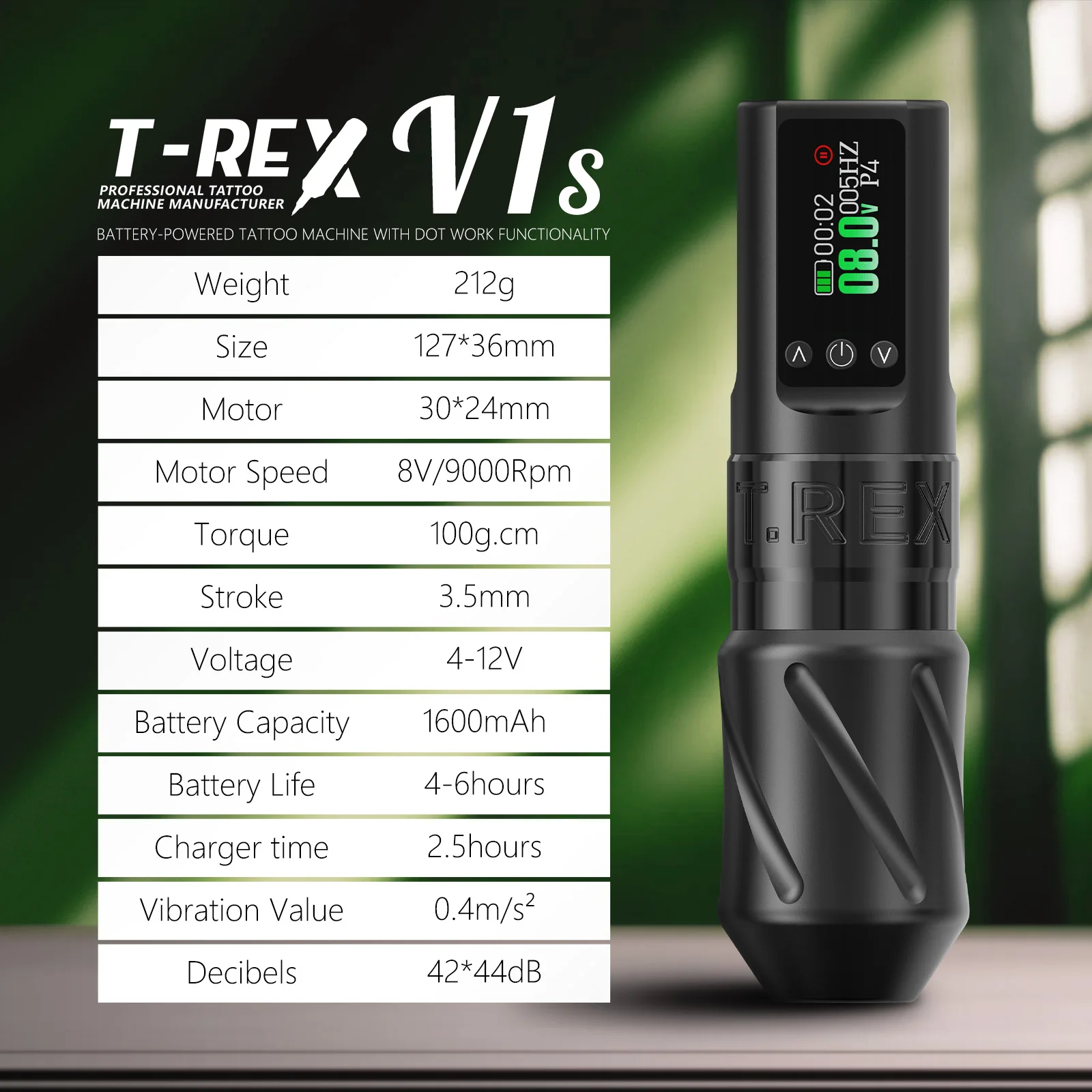 T-Rex Wireless Tattoo Machine with 1600mAh Battery Smart Display Rotating Cartridge Gun 3.5mm Travel