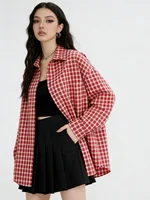 2025 Y2k automne femmes nouveau Vintage rouge Plaid col rabattu sur-chemise à manches longues Streetwear ample Patchwork Harajuku Blouses 2