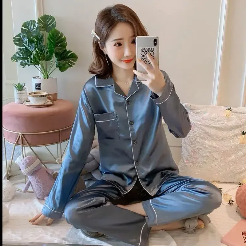 Ice Silk Satin Couples Pajamas Thin New Women  Two-piece Plus Size Homewear Set Pijama Set Women Pijma Hombre