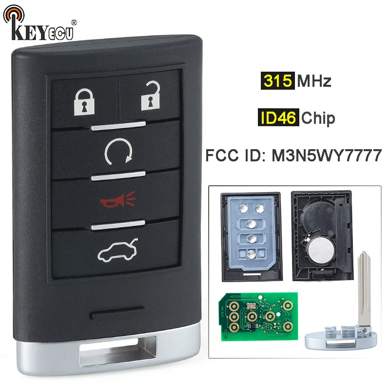 KEYECU 315MHz M3N5WY7777 4 + 1 5 кнопочный безключевой строчка для Cadillac CTS STS 2008 2009 2010 2011 2012 2013 2014 2015
