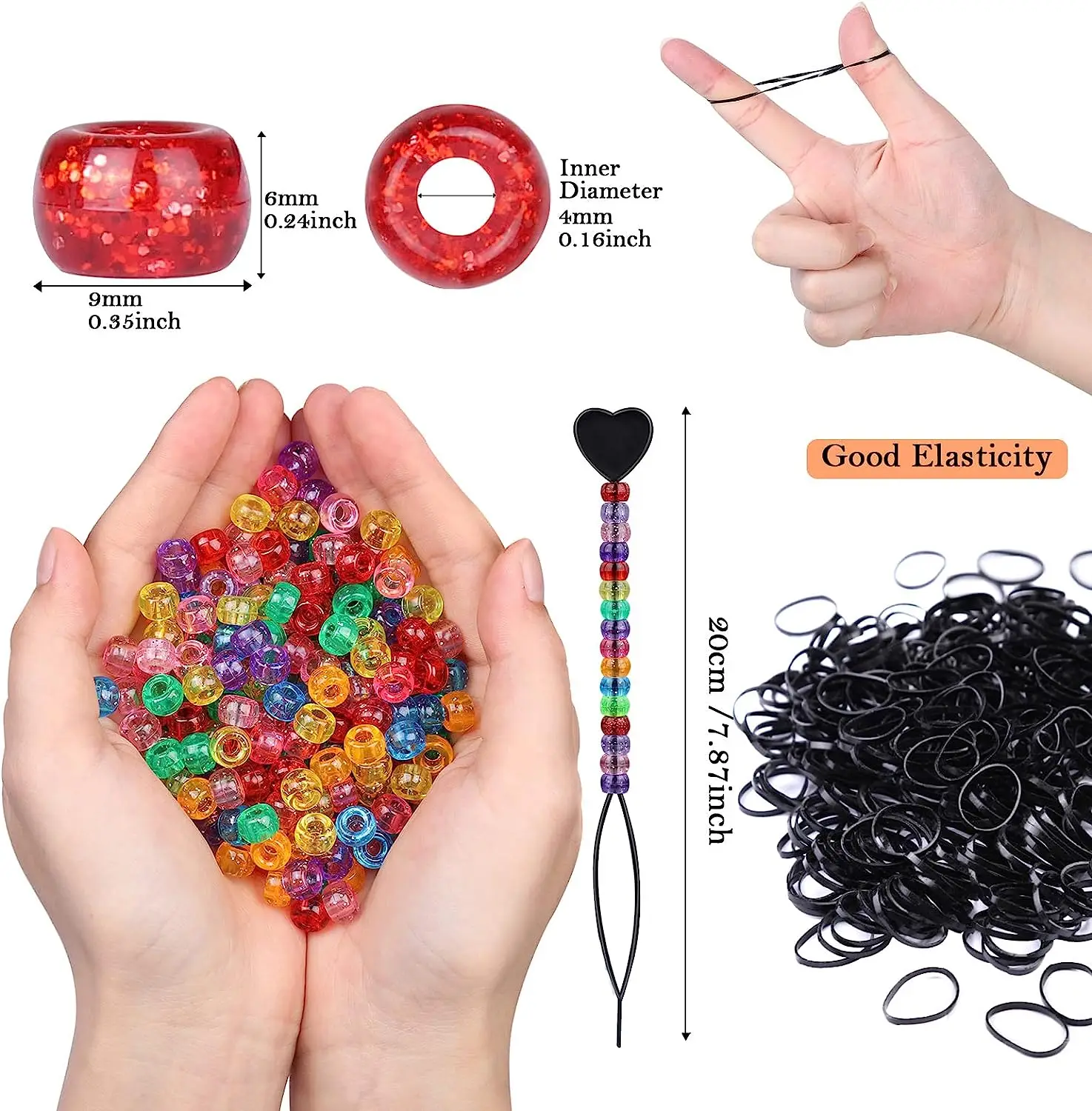 Hair Braid Accessories 401Pcs/Bag Beads Kit for Hair Braids 200pcs Glitter Pony Beads 200pcs Elastic Rubber Bands 1pcs Beaders for Kids Hair