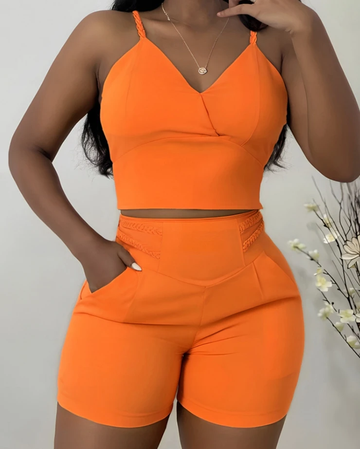 Fried Dough Twists V-Neck Pleated Elastic Strap Vest Top High Waist Three Quarter Shorts Summer Ladies Casual Commuter Set