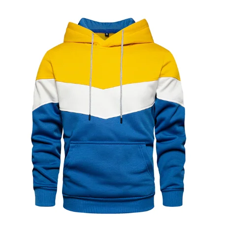 Amarillo Gris Azul - Sudadera Deportiva Tricolor con Capucha y Bolsillos