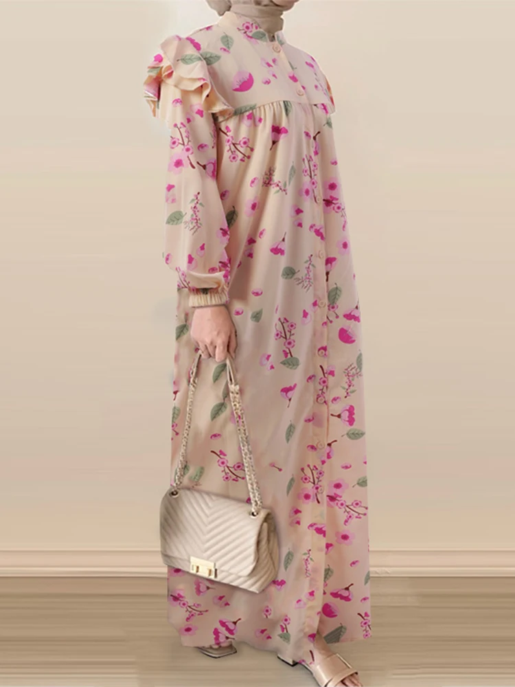  - ZANZEA Women Muslim Sundress Elegant Floral Printed Abaya Dress Vintage Dubai Turkey Ruffle Islamic Clothing Caftan Marocain