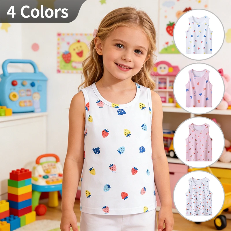 4-teiliges Set für Mädchen: Süße, bedruckte, mehrfarbige Kombinationsweste, ärmelloses T-Shirt für kleine Mädchen, lässiges Oberteil