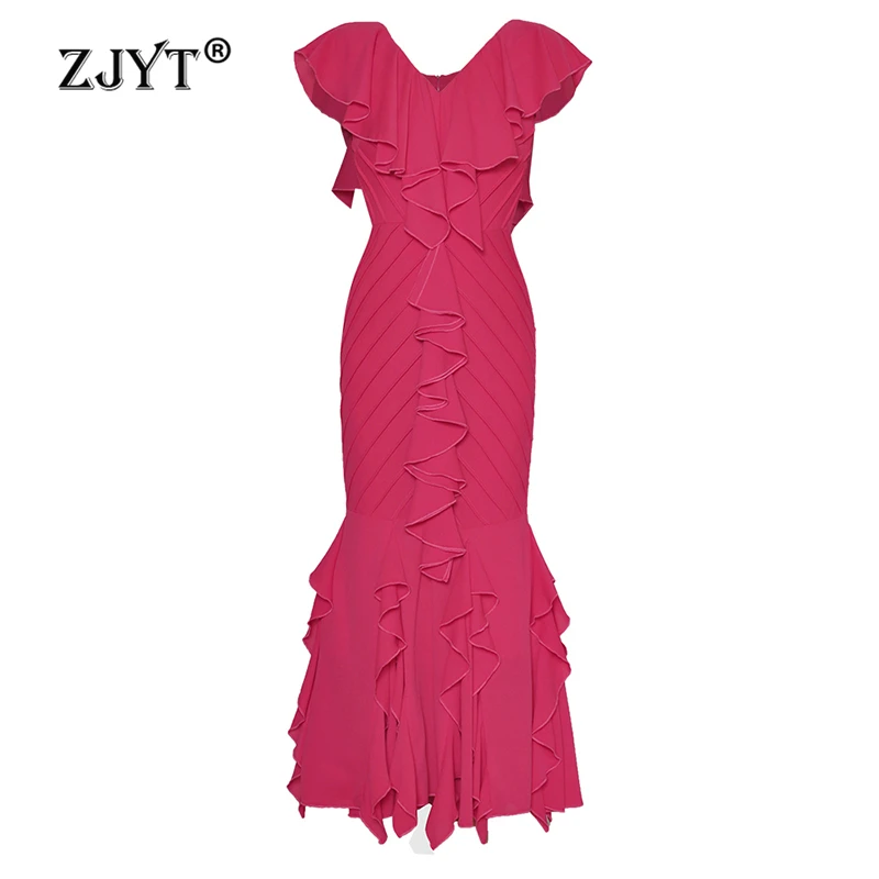 

ZJYT Long Mermaid Evening Party Dresses for Women Sleeveless V Neck Summer Dress Elegant Ruffles Patchwork Holiday Vestidos 2024