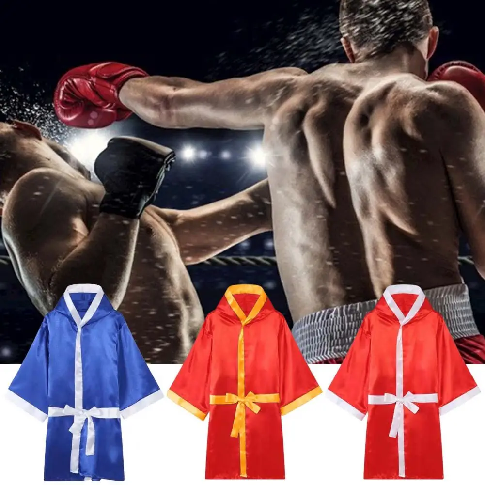 

Boxing Robe Silky Loose Fit Kickboxing Gown Long Sleeve Hooded Show Muay Thai Boxing Robe Boxing Performance Boxing Suit