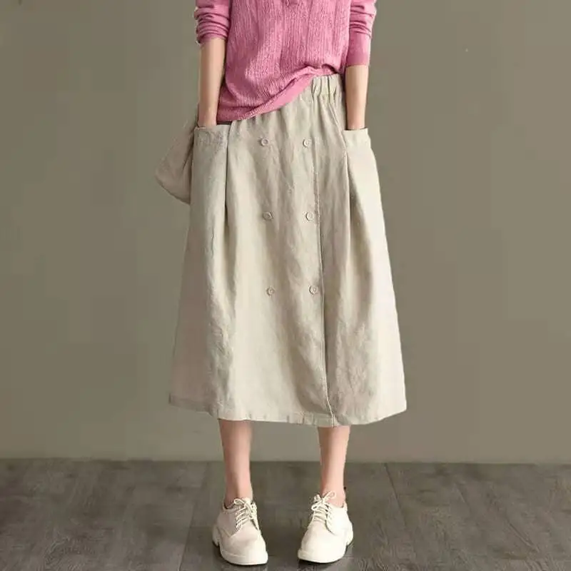 

Skirt Long Korean Style Spring New Cotton Linen Arts Style Elastic Waist Loose Double Breasted A Line Casual Faldas Clothing