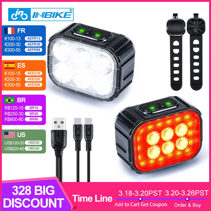 INBIKE Bicycle Light Front and Back Rechargeable Headlight Flashing