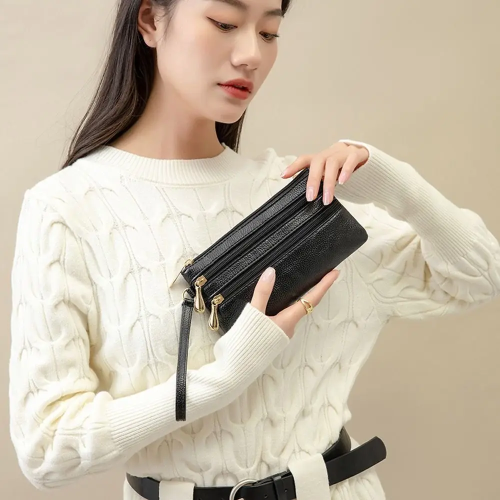 Solid Color Two Zipper Coin Purse Multi-pocket Korean Style Lychee Pattern Long Wallet Card Holder Large Capacity Shopping 4