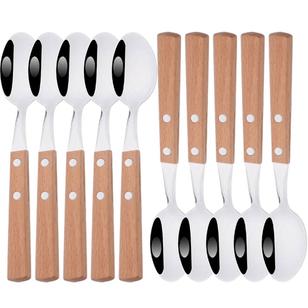 Drmfiy Brown Handle Silver Spoon Dinnerware Set 4/6/10Pcs Dinner Spoons Cutlery Set Kitchen 304 Stainless Steel Silverware Set